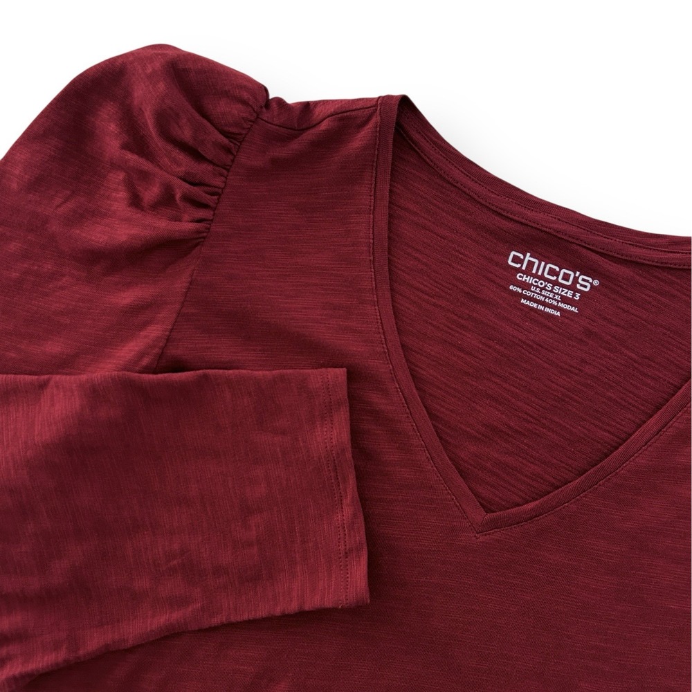 Chico's Women XL Paprika Brown 3/4 Puff Sleeve Cotton Slub Romantic Tee Top NWT - Picture 4 of 11